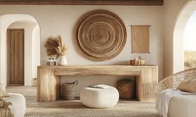 A beautifully decorated interior room with natural elements and textures