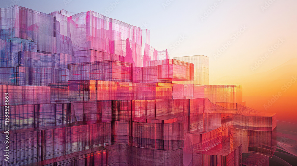 Poster vibrant abstract landscape featuring multiple layered structures in shades of pink and orange, creat
