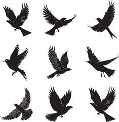 Obraz premium Set of vector birds and wings silhouettes, including flying eagles, doves, and hawk illustrations, perfect for animal, nature, or tattoo designs symbolising freedom and flight