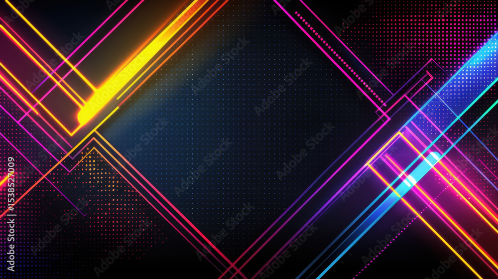 Poster bright neon lines create dynamic geometric pattern over dark background, evoking sense of energy and
