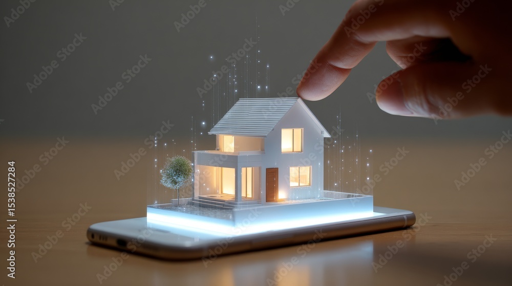Poster a hand interacts with a virtual house model displayed on a smartphone screen.