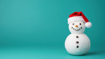 A cute snowman with a Santa hat smiles against a teal background, evoking festive winter holiday cheer.
