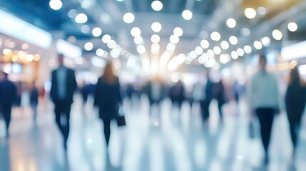 Blurred people walking in modern building interior for business travel and conference event concept image