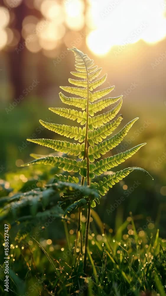 Poster fern frond growing in a lush meadow with dewdrops catching the golden sunlight, creating a bokeh eff