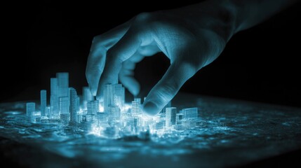 A hand manipulating a futuristic city model illuminated in blue light.