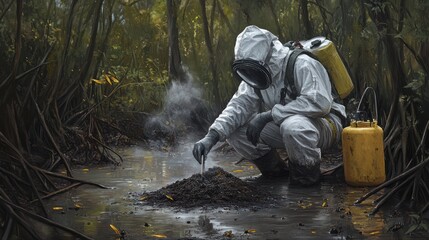Scientist in hazmat suit examines a contaminated soil sample in a swamp