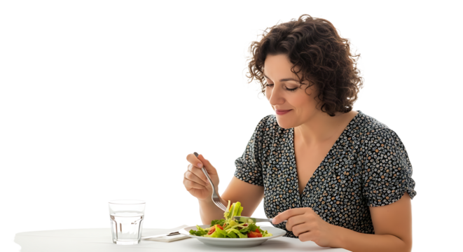 Woman Eating Fresh Salad with Fork at Table Indoors