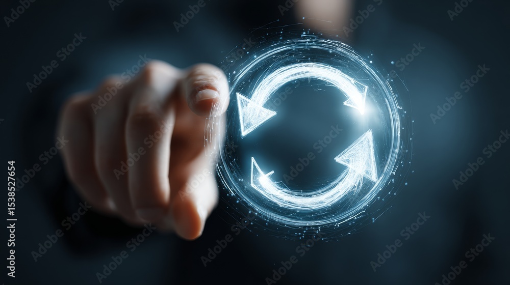 Poster a hand pointing at a digital refresh symbol showcasing innovation and progress.