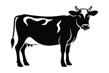 monochrome features a standing Holstein cow with curved horns and distinctive spots