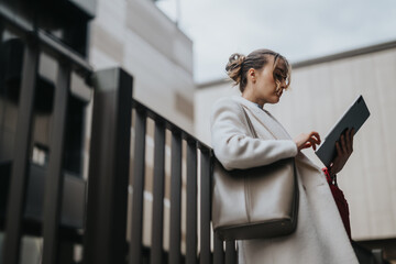 Naklejka premium A stylish businesswoman interacts with a tablet outdoors, exemplifying professionalism and modern business in an urban environment.