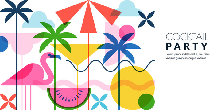 Beach cocktail party banner. Vector design with tropical drinks and fruits. Layout for summer flyer, poster or bar menu