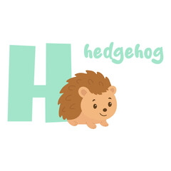 Hedgehog alphabet letter H cute animal illustration. Baby hedgehog with green h. Cartoon abc character for kids.