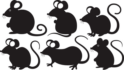 Six cartoonish mouse silhouettes in varying poses and shapes create a playful pattern on white