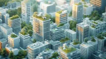 Fototapeta premium Modern Cityscape with Green Roofs and Lush Vegetation in an Urban Environment Captured from Above