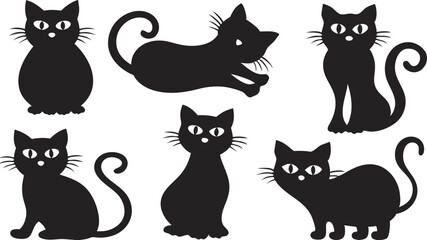 Spooky black cat silhouettes in various poses evoke Halloween spirit against a white background