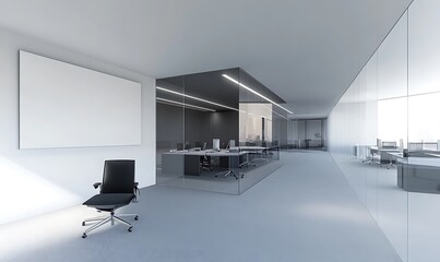 An empty modern office interior with glass walls and furniture