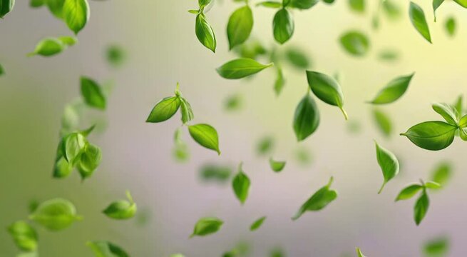 Floating fresh green basil leaves in soft focused aerial view