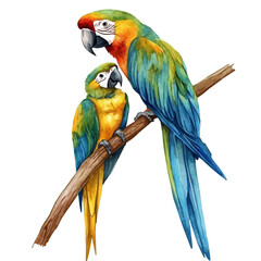 watercolor vector of A Mother Macaw With Her Kid, isolated on a white background.