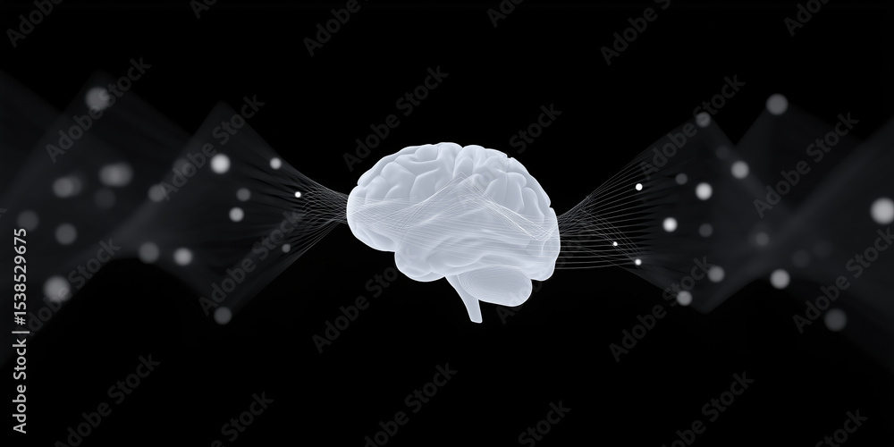 Poster abstract illustration of a white brain surrounded by flowing lines and particles, representing neura