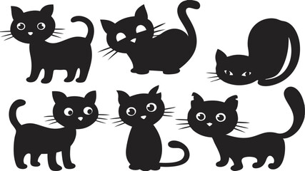Six silhouette black cats with whiskers strike charming poses on a white background