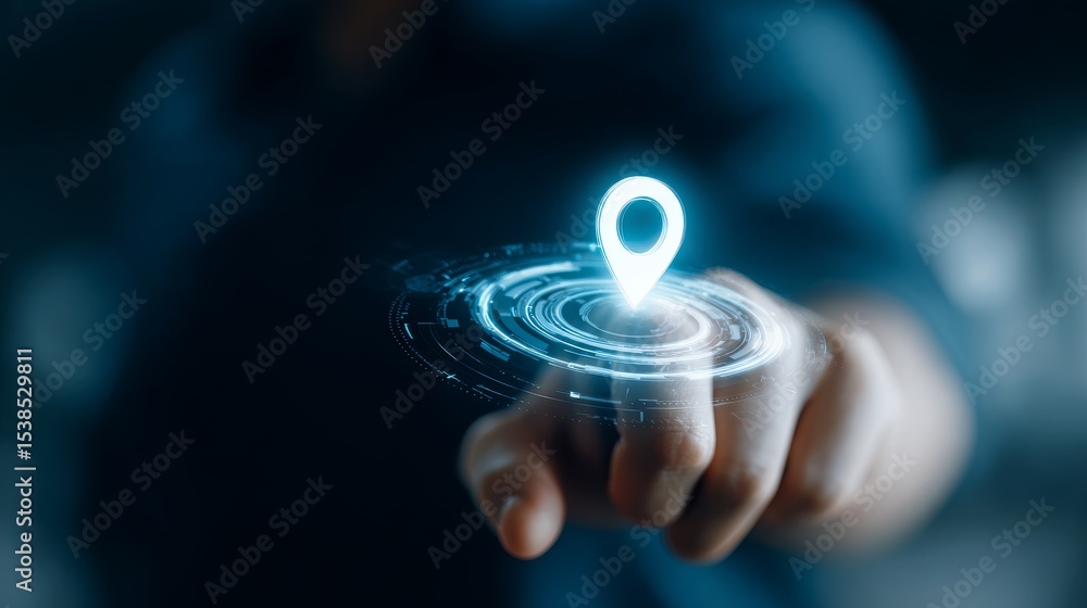 Poster a hand reaching out to interact with a holographic location pin in a digital interface.