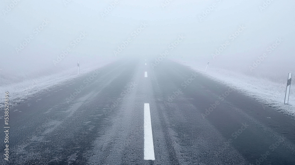 Poster empty asphalt road stretches into fog, with white dashed lines barely visible, creating mysterious a