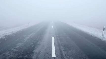 Empty asphalt road stretches into fog, with white dashed lines barely visible, creating mysterious and serene atmosphere