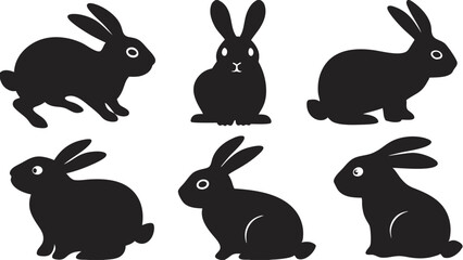 Fototapeta premium Six solid black rabbit silhouettes in various poses adorn a clean white background
