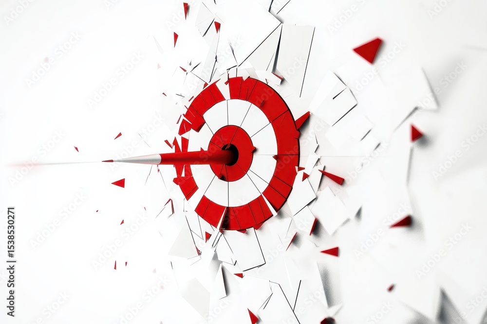 Poster minimalist target transforming into polygonal fragments amidst a white background creates a striking