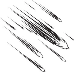 Black and White Streaking Meteors Falling Diagonal