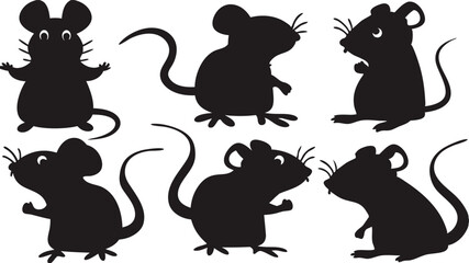 A collection of cartoon mice silhouettes presents varied stances against a stark white background