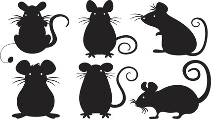 Six black mouse silhouettes showcase diverse poses with curved tails and whiskers