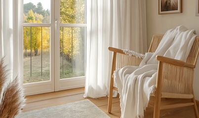 A cozy interior displays a chair and a window view of nature