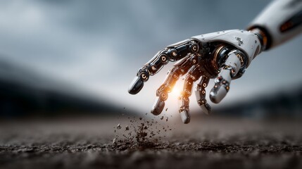 A robotic hand reaching towards the ground demonstrating artificial intelligence potential
