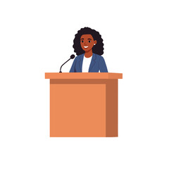 African American woman on podium, tribune icon on white background. Colorful design. Vector illustration.