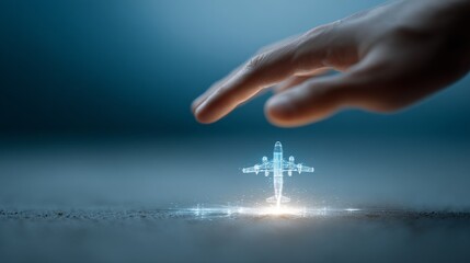 A hand reaching towards a holographic airplane symbolizing innovation in aviation.