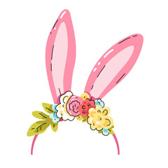 Cute rabbit ears. Headband with pink Easter bunny ears and flowers. Easter mask. Hair hoop Cartoon. Attribute of costume. Vector illustration isolated