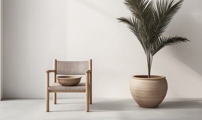 A simple living space features furniture and a potted palm tree