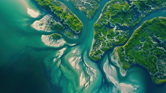 Aerial view of a complex river delta - Powered by Adobe