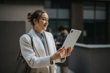 A stylish professional woman, dressed in a coat, smiling while interacting with a tablet in an...