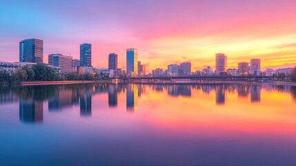 Obraz premium Serene Urban Sunset Reflection Over Calm River with Vibrant Sky and Modern Skyscrapers