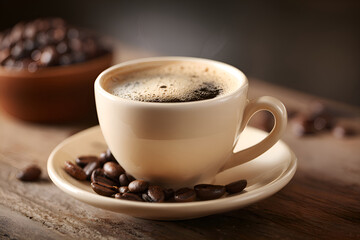 Fototapeta premium Steaming cup of coffee with coffee beans on wooden table