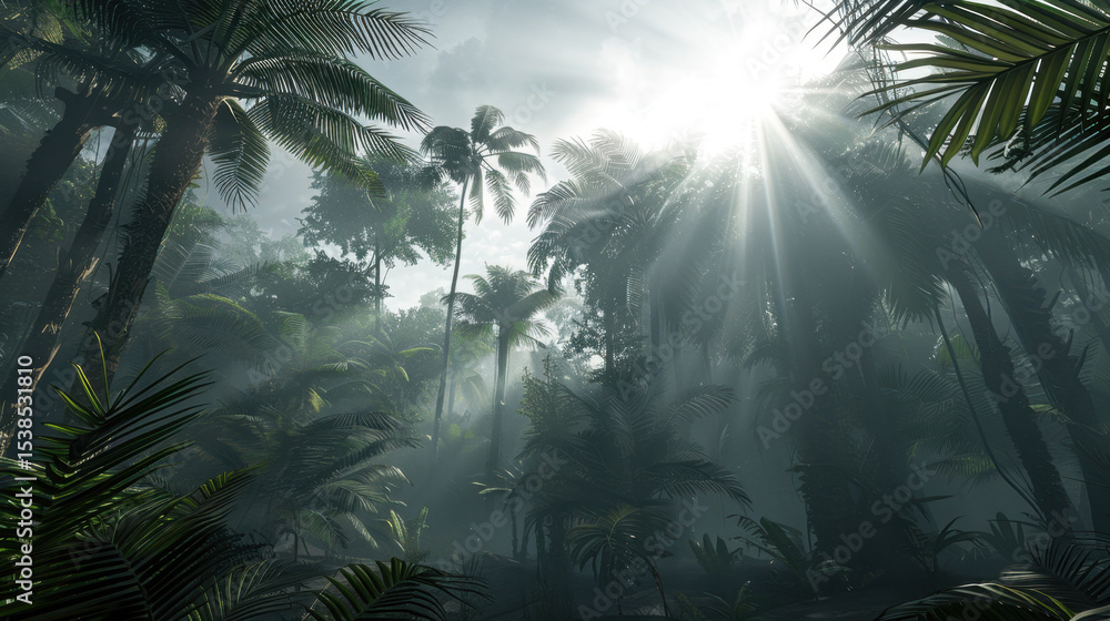 Poster dense jungle canopy with sunlight filtering through mist, creating serene and mystical atmosphere