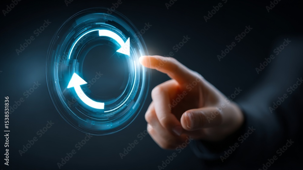 Poster a hand touching a glowing digital interface with circular arrows symbolizing refresh.
