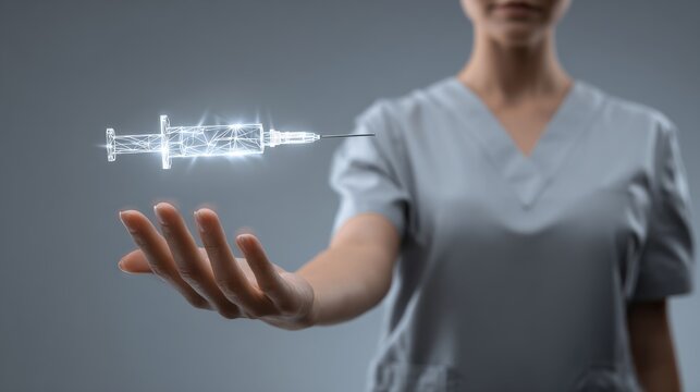 A healthcare professional holding a futuristic syringe for advanced medical treatments.