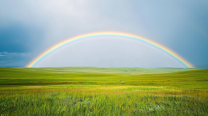 Fototapeta premium Rainbow Banner Featuring Arching Rainbow Over Vast Green Meadow After Rain With Sky Gradient From Light Gray to Bright Blue, Ideal for Nature Renewal Themes and Weather-Themed Visual Design