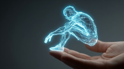 A holographic figure sitting in a hand, symbolizing innovation and digital art.