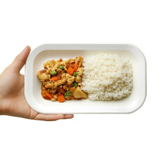 Hand holding a plate of chicken stir-fry with vegetables and rice, showcasing a delicious, balanced meal in a bright setting. on transparent background