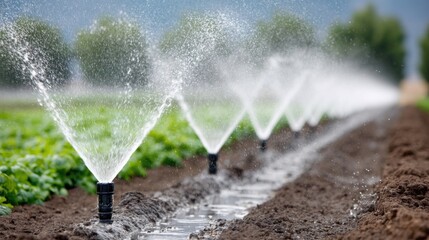 Water sprinklers irrigating rows of crops in a field, sprinkler irrigation system watering agricultural land.