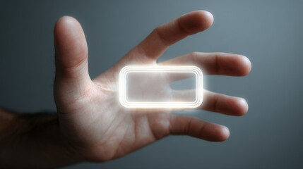 A human hand displaying a glowing, virtual screen concept in a dark setting.